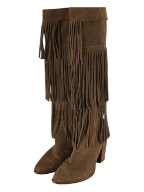Browns B2 Tan Suede Fringe Western Knee High Boots Chunky Heel 35 sexy cowgirl